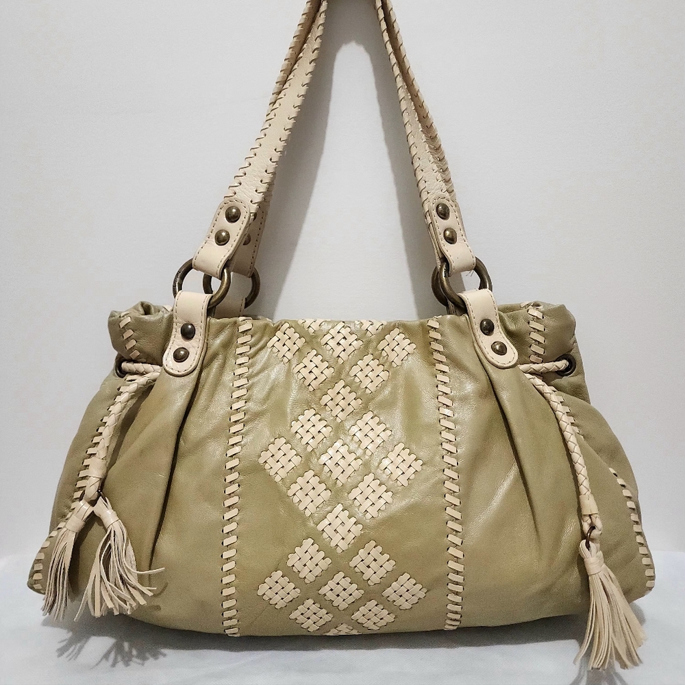 Isabella Fiore Pistachio Green & Cream Leather Shoulder Bag Boho Woven Tassel